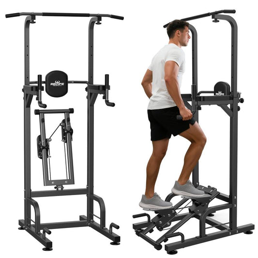 Relife Sports Power Tower Dip Station Pull up Bar for Fitness Home Gym Workout,Multi-Function Adjustable Height Fitness Strength Training Exercise Equipment,With Stair Stepper