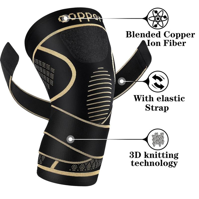 (2 Pack) Copper Knee Braces with Strap for Knee Pain Women and Men, Knee Compression Sleeve for Arthritis, ACL, Meniscus Tear, Joint Pain Relief, Knee Support for Working, Running,