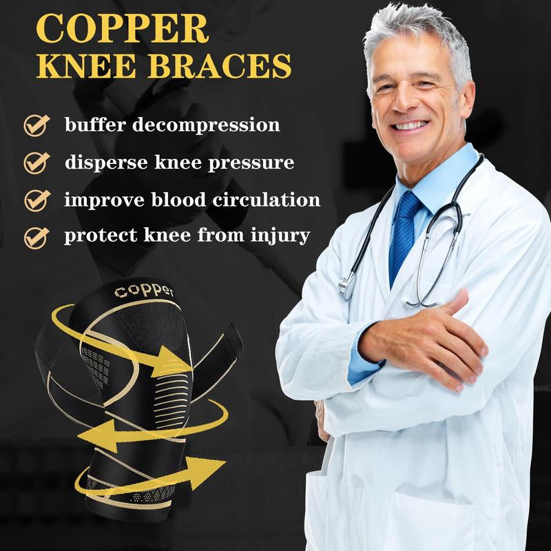 (2 Pack) Copper Knee Braces with Strap for Knee Pain Women and Men, Knee Compression Sleeve for Arthritis, ACL, Meniscus Tear, Joint Pain Relief, Knee Support for Working, Running,