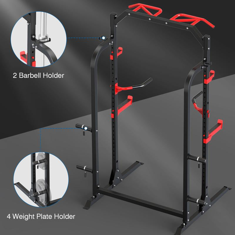 Sunhome Power Cage Squat Rack, Multi-Functional Power Rack with J-Hooks, Dip Handles, Weight Plate and Olympic Bar Storage Home Gym
