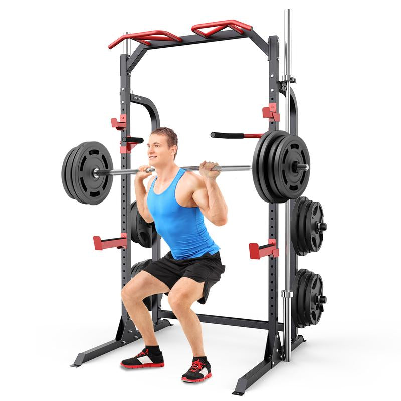 Sunhome Power Cage Squat Rack, Multi-Functional Power Rack with J-Hooks, Dip Handles, Weight Plate and Olympic Bar Storage Home Gym