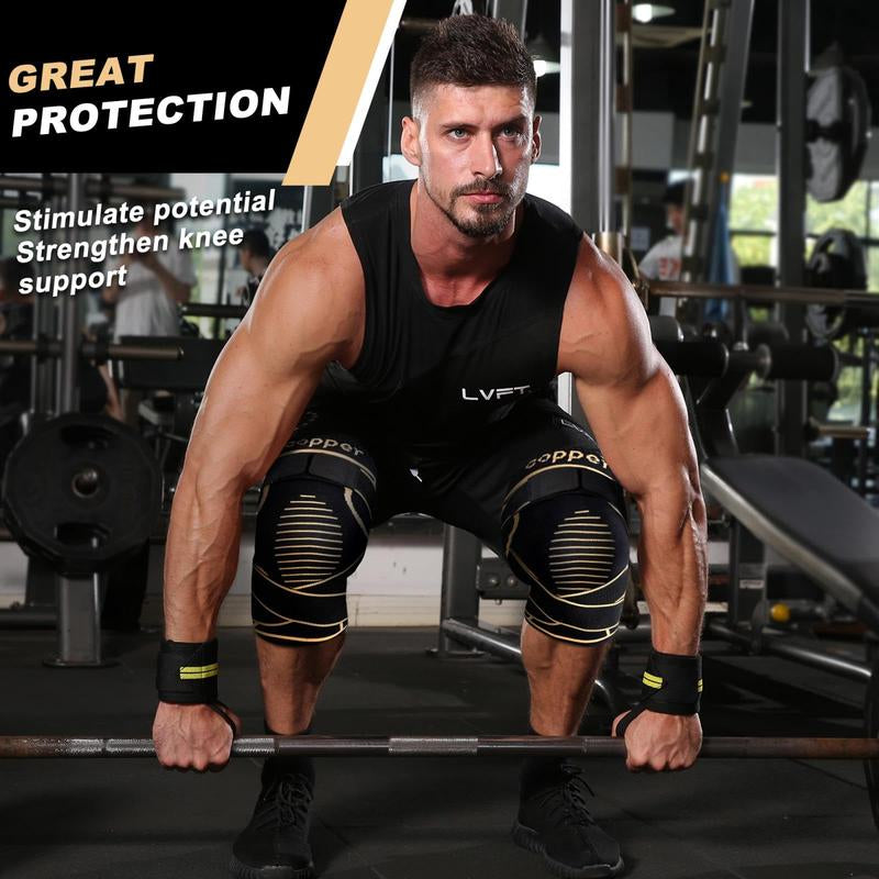 (2 Pack) Copper Knee Braces with Strap for Knee Pain Women and Men, Knee Compression Sleeve for Arthritis, ACL, Meniscus Tear, Joint Pain Relief, Knee Support for Working, Running,