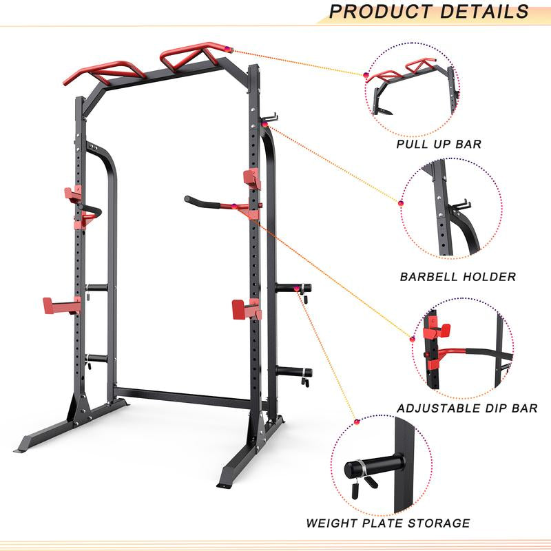 Sunhome Power Cage Squat Rack, Multi-Functional Power Rack with J-Hooks, Dip Handles, Weight Plate and Olympic Bar Storage Home Gym