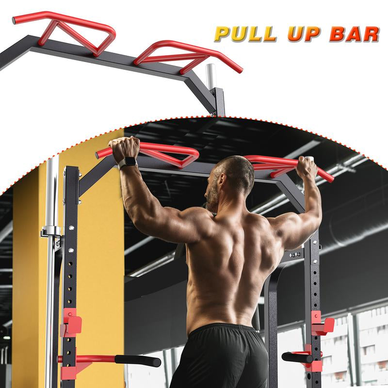 Sunhome Power Cage Squat Rack, Multi-Functional Power Rack with J-Hooks, Dip Handles, Weight Plate and Olympic Bar Storage Home Gym