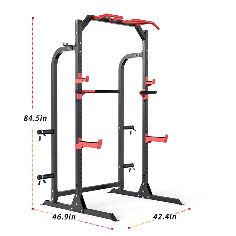 Sunhome Power Cage Squat Rack, Multi-Functional Power Rack with J-Hooks, Dip Handles, Weight Plate and Olympic Bar Storage Home Gym