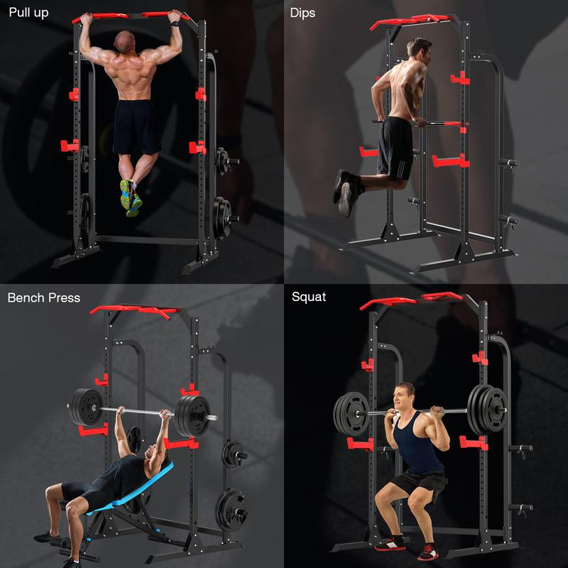 Sunhome Power Cage Squat Rack, Multi-Functional Power Rack with J-Hooks, Dip Handles, Weight Plate and Olympic Bar Storage Home Gym