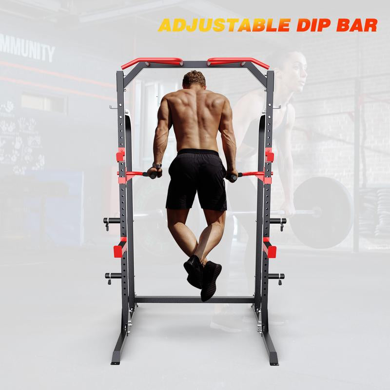 Sunhome Power Cage Squat Rack, Multi-Functional Power Rack with J-Hooks, Dip Handles, Weight Plate and Olympic Bar Storage Home Gym